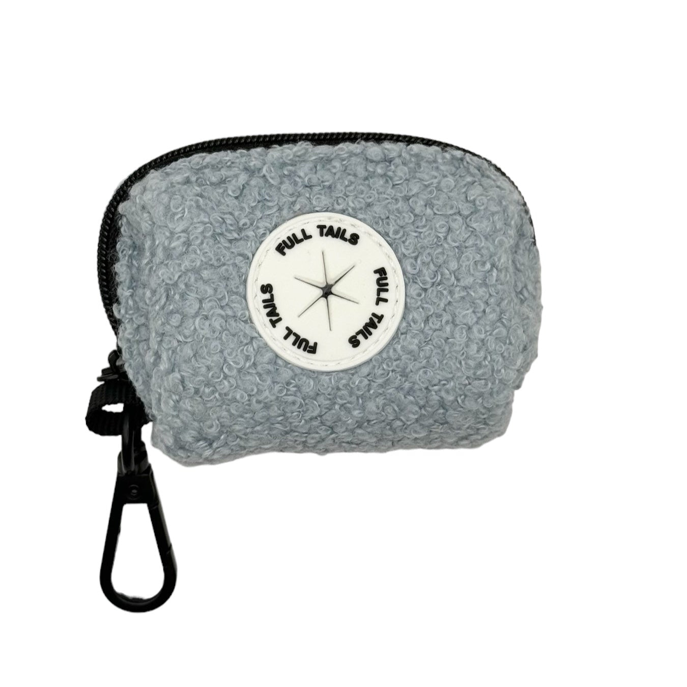A gray dog poop bag holder with a black strap and a label in the center displaying ' Teddy '.