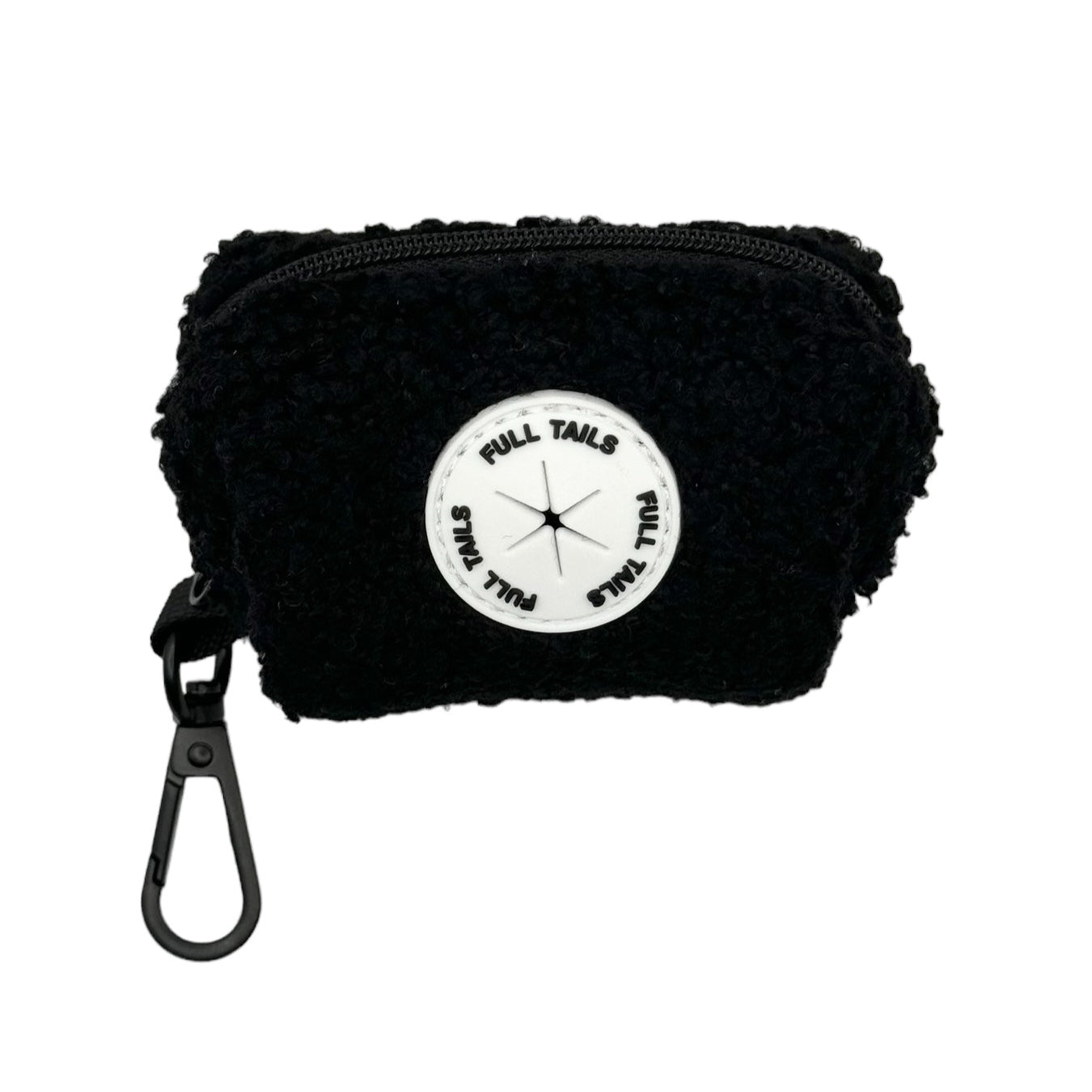 A black dog poop bag holder with a label that reads ' Teddy's Poop Bag Dispenser'. It has a ring for attaching to a leash or belt.