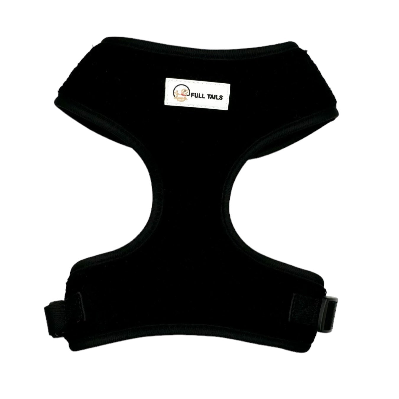 Black adjustable neck harness for dogs with a brand label on the top center.