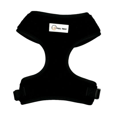 Black adjustable neck harness for dogs with a brand label on the top center.