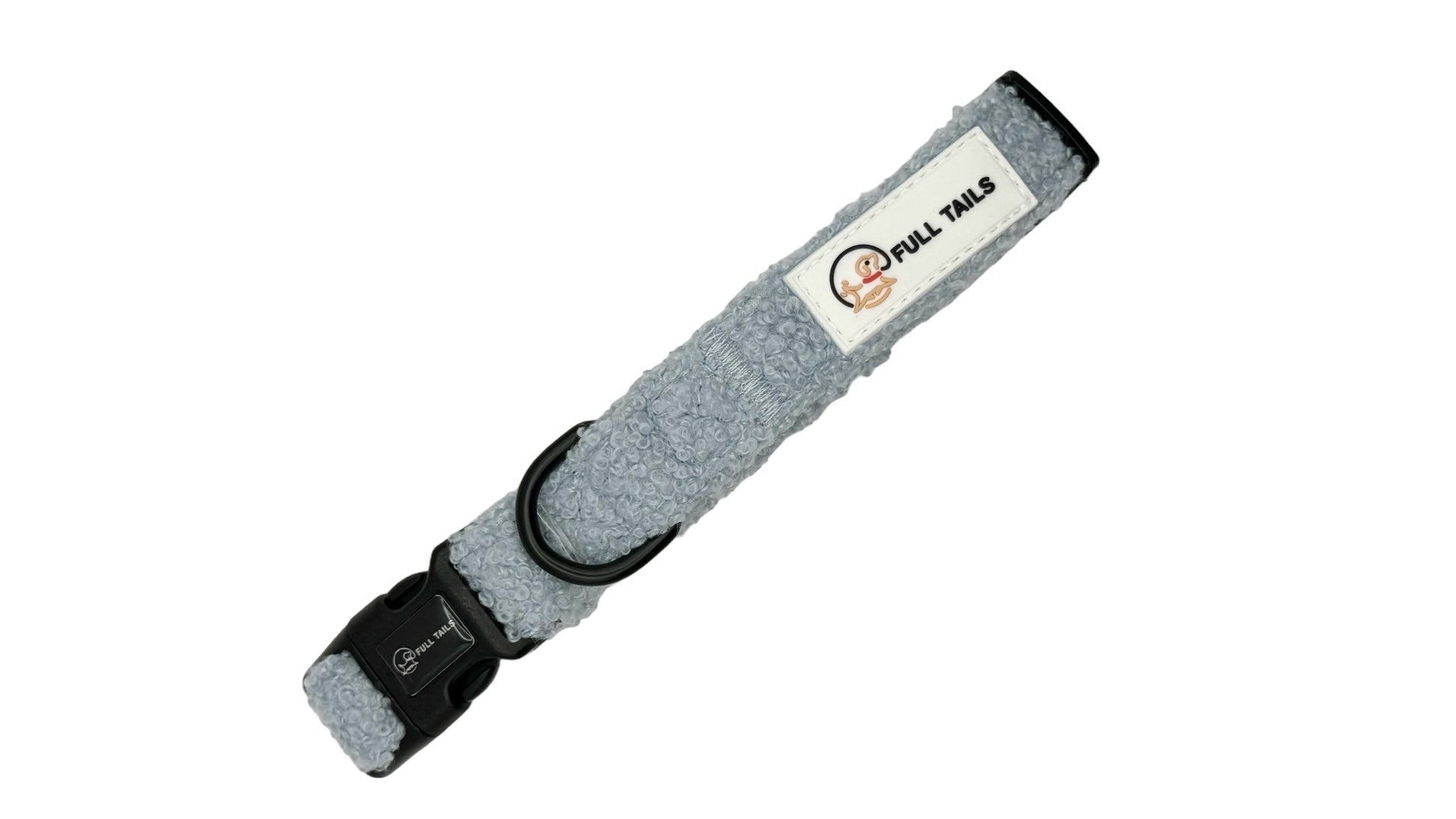 Gray dog collar with a brand label on a white background