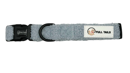A gray dog collar with a secure buckle and a D-ring for leash attachment.