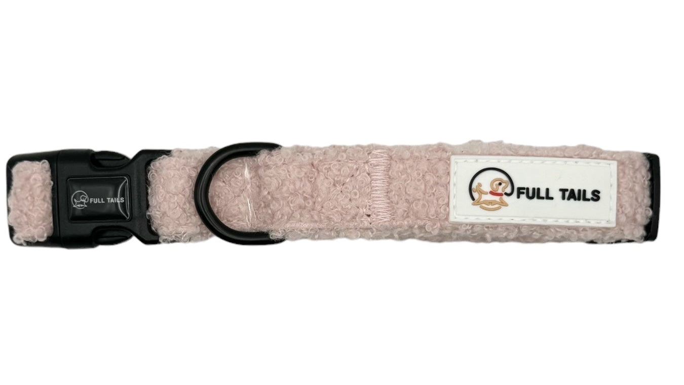 A pink dog collar with a black buckle and a D-ring, featuring the text 'PAUL TRAIL' on a label.
